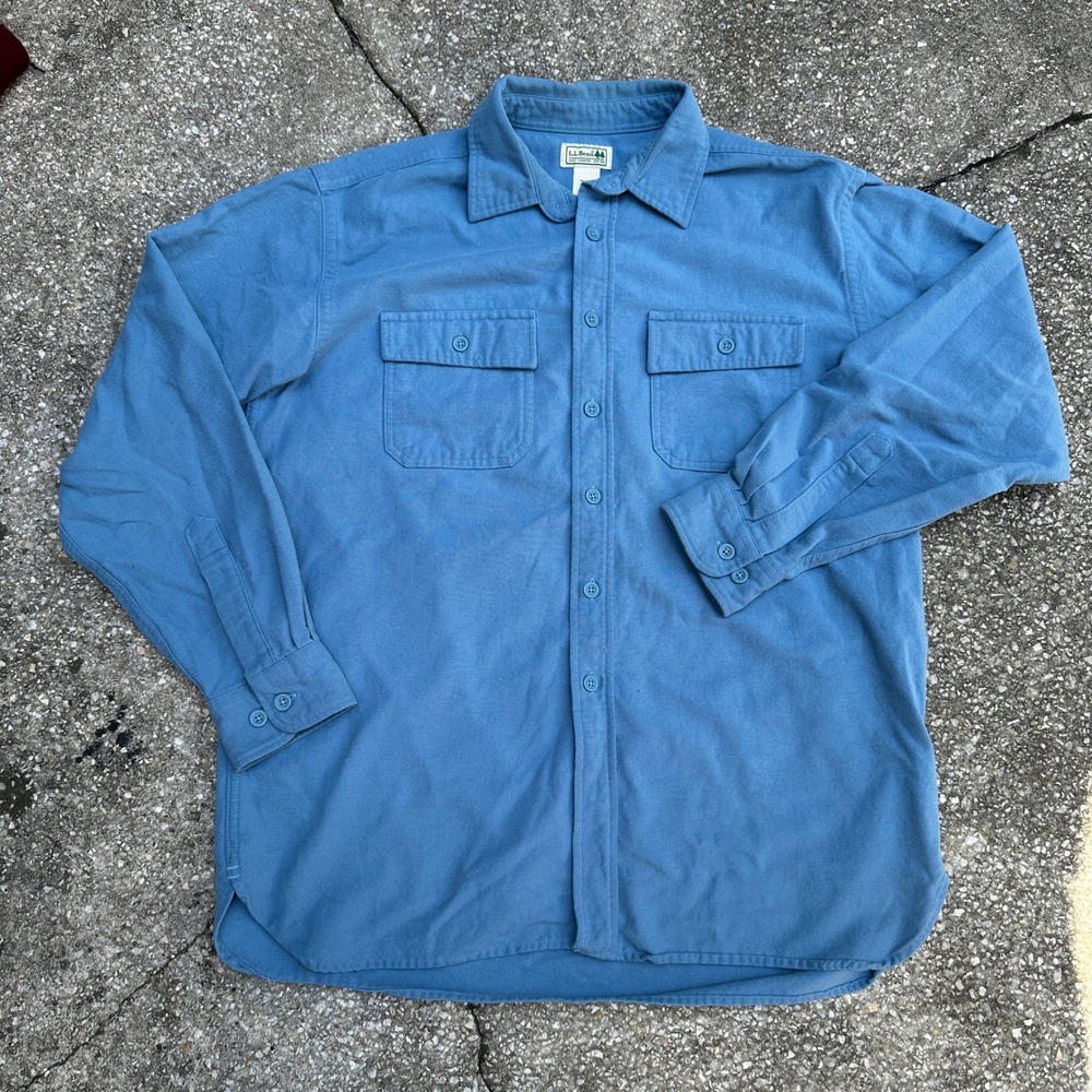 LL Bean Chamois Cloth Shirt Mens Large Blue Cotton Flannel Button Down